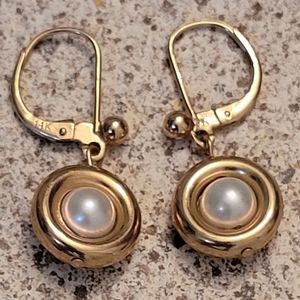 Bezel Set Pearl 14k YG Lever Back Earrings